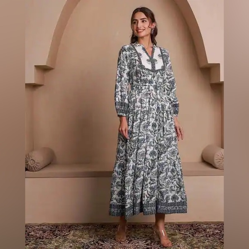 Indian Summer Blue and White Floral Maxi Dress cotton